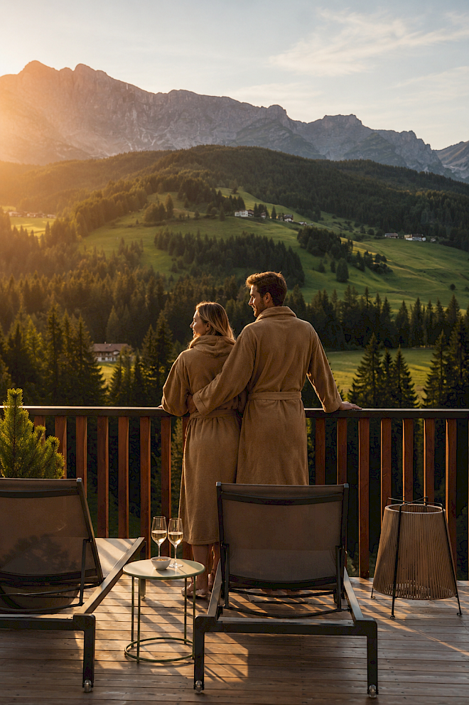 Paar im Bademantel auf dem Balkon des Hotel Badia Hill mit Blick auf die Dolomiten