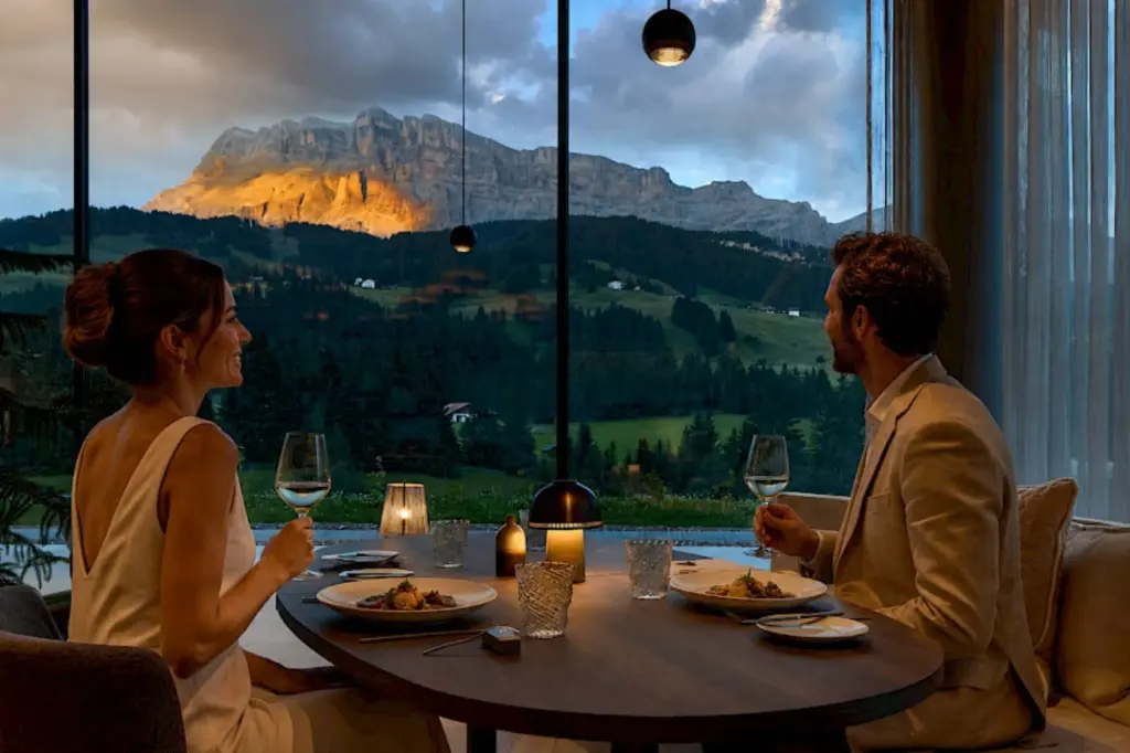 Abendessen im Ristorante Porcino mit Blick auf die Dolomiten